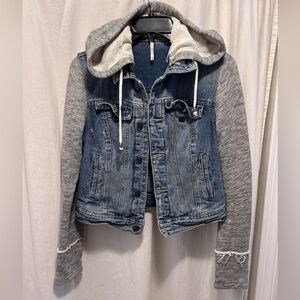 Free People Distressed Denim Hooded Sweatshirt Jean Jacket size XS